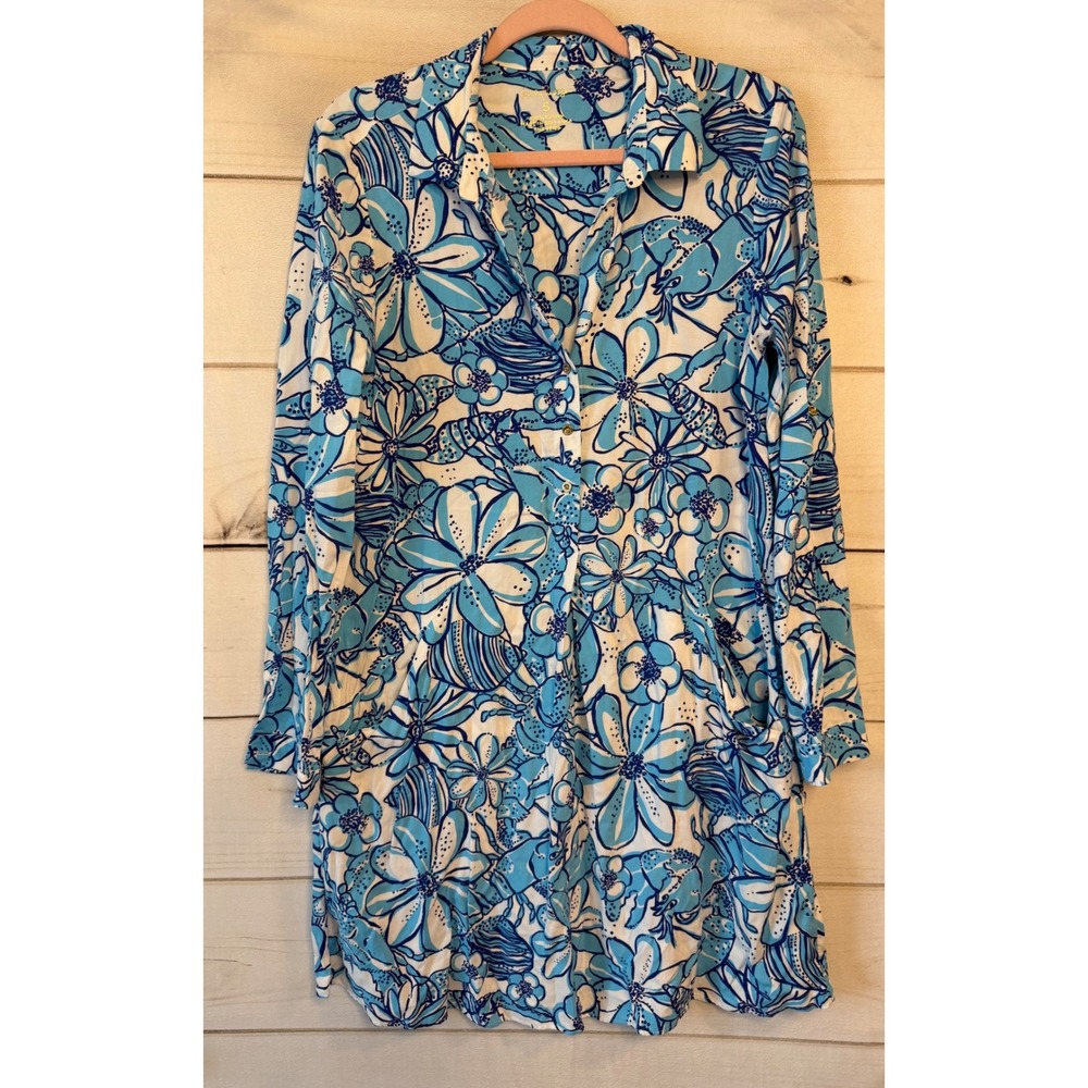 Lilly Pulitzer Blue White Floral Crab Print Rayon Button Front Shirt Dress S